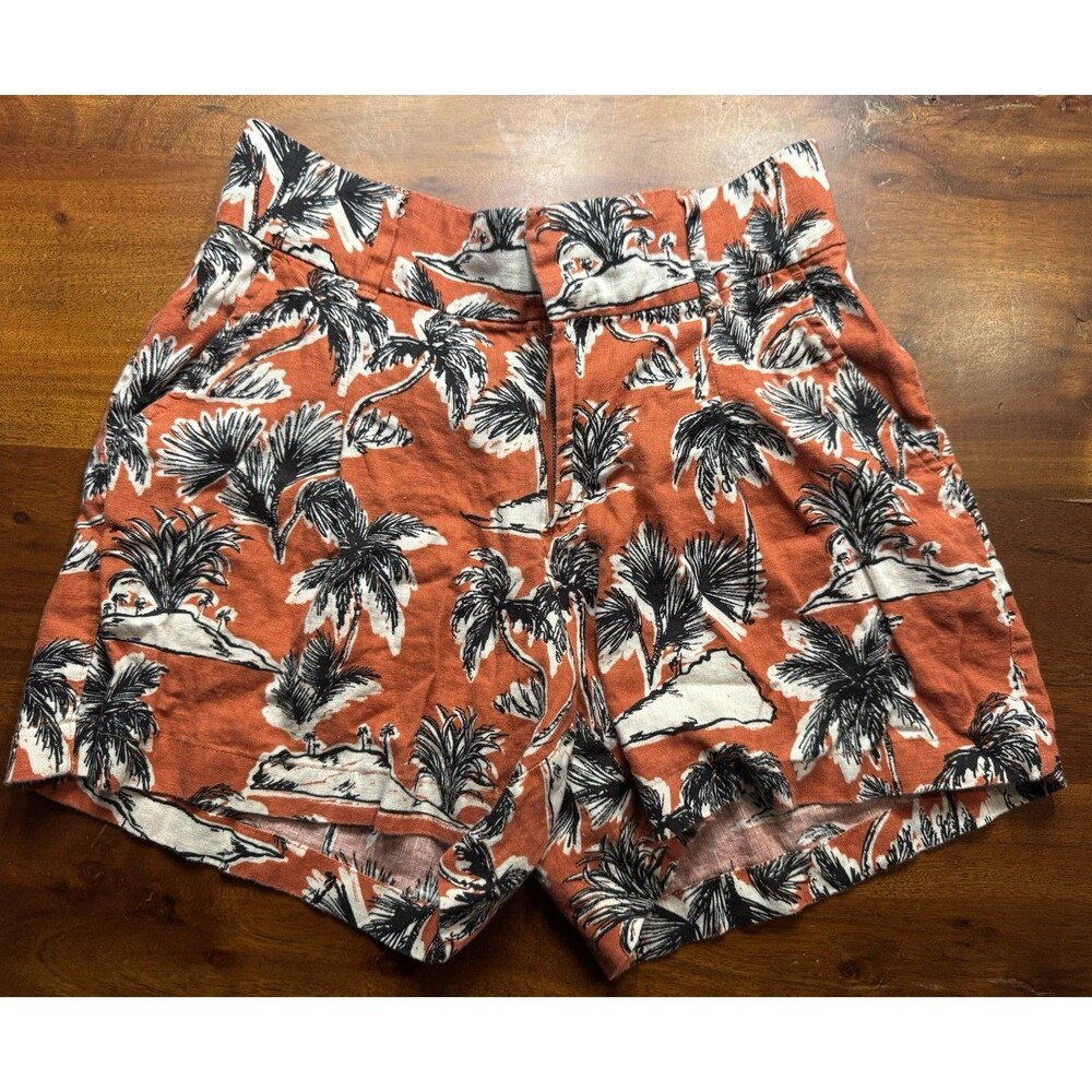 Tahari 100% Linen High Rise Palm Print Shorts Womens US 8 Orange Tropical Resort